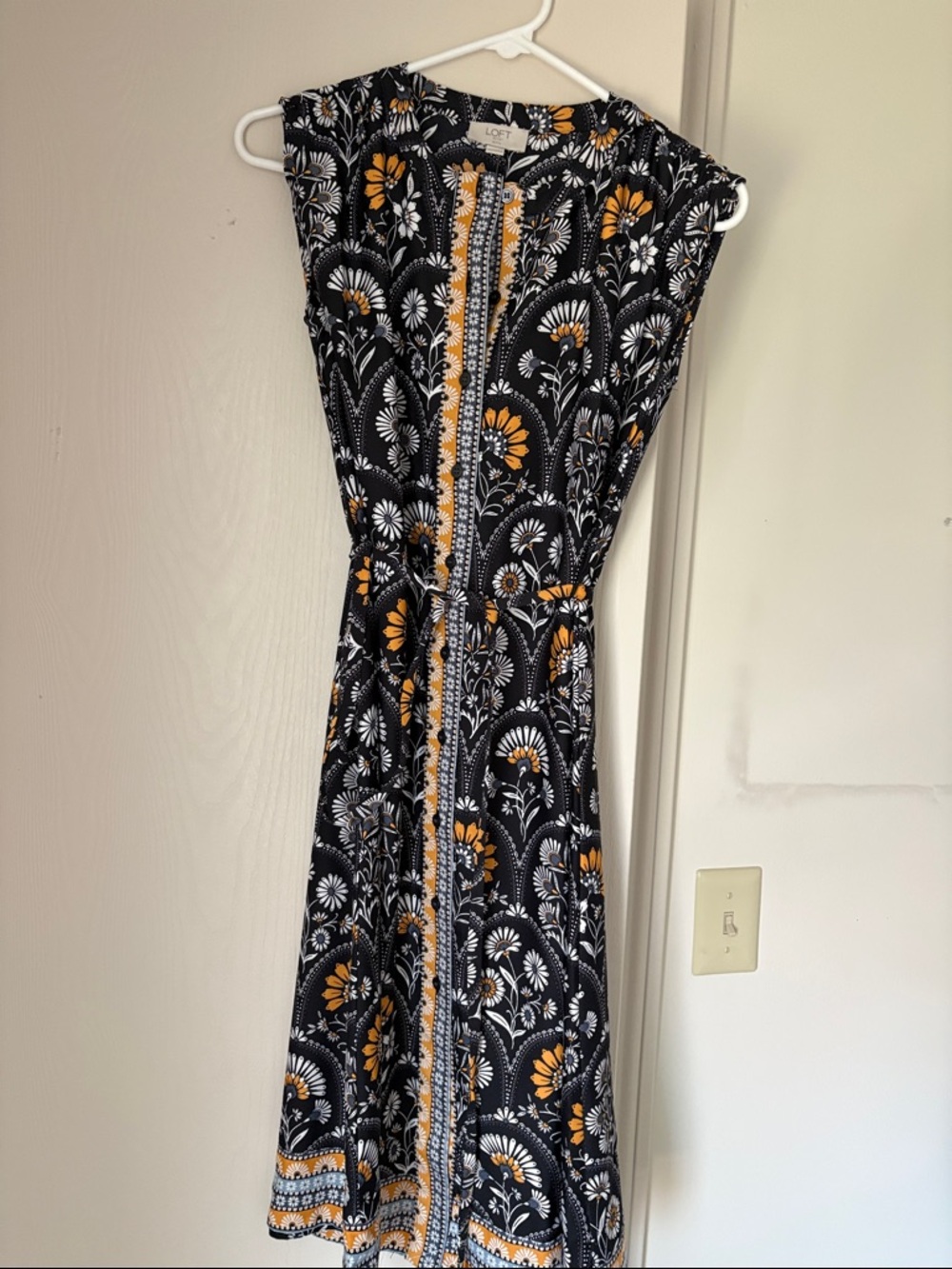 LOFT Black Floral Midi Dress with Mustard & White Accents